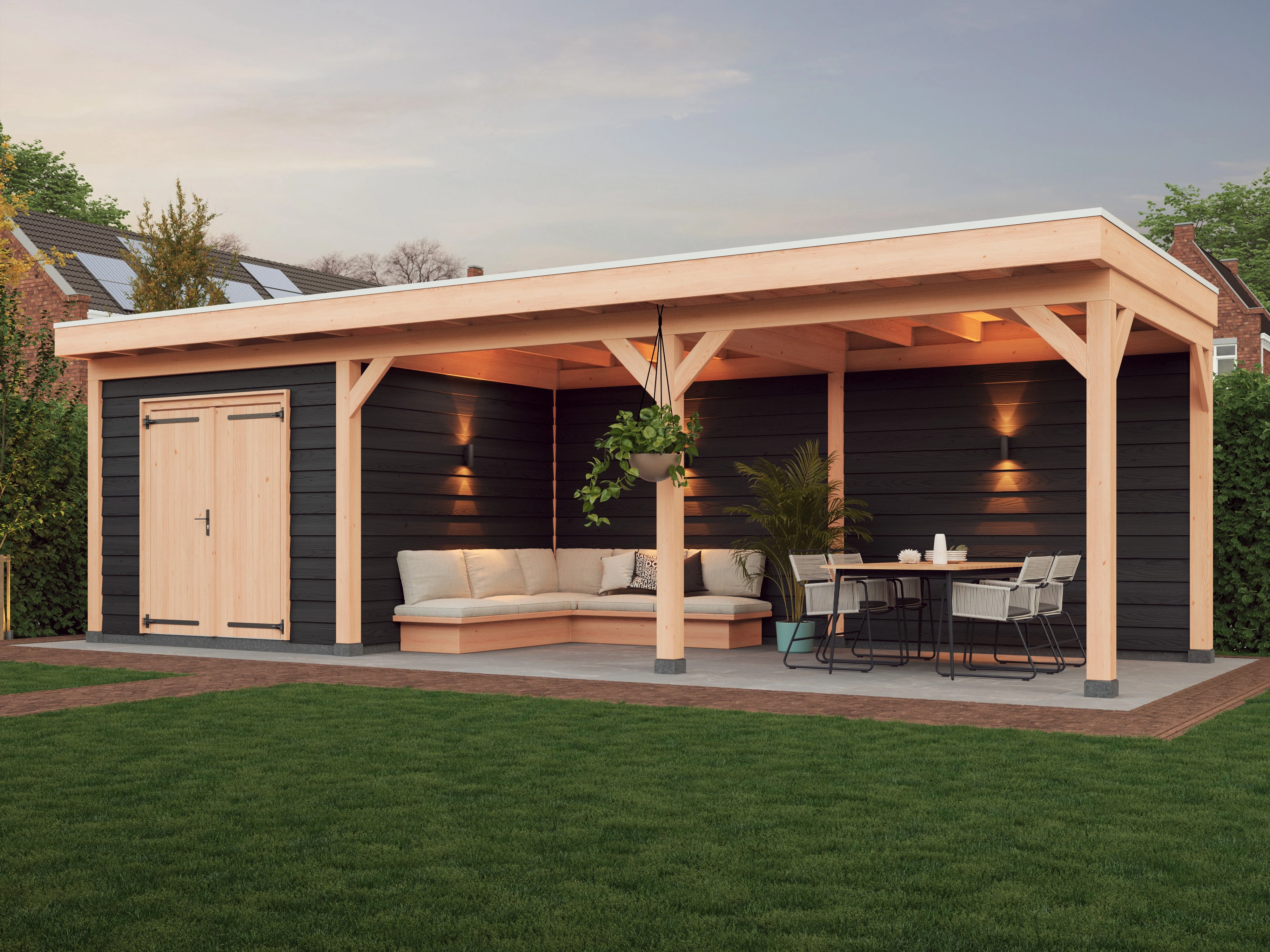 Douglas overkapping, 900 x 300, met zwarte schuur en achterwand, Westwood Comfort Green - Afbeelding 3